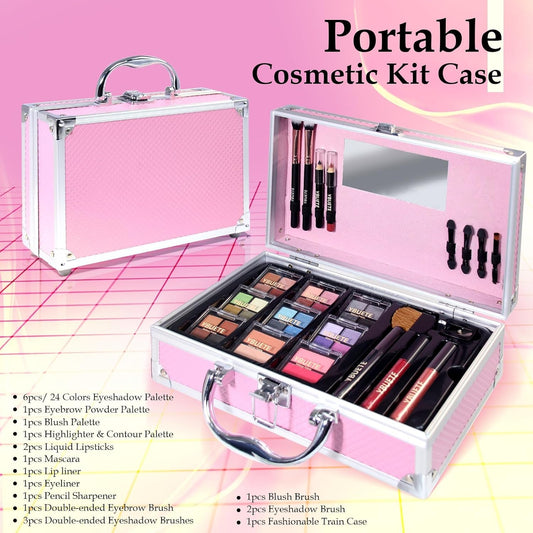 Makeup Kit for Teens, Makeup Gift Set for Girls Women, Beginner Makeup Kit with Cosmetic Train Case Included Eyeshadow Blusher Contour Eyebrow Powder Lip Gloss Lip Liner Mascara Eyeliner
