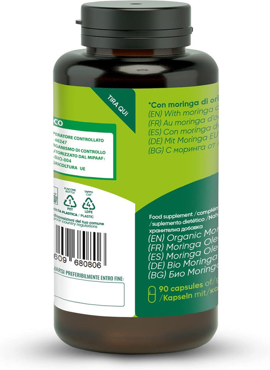 90 Gélules De Moringa Bio | La Seule Moringa Biologique Produite En Italie | Véganes Sans Additifs | Super Antioxydant Riche En Vitamines Et Protéines Végétales | Haute Qualité
