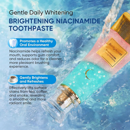 Dentifrice Blanchissant Niacinamide BodyAccel: Élimination Taches, Haleine Fraîche, Goût Pêche