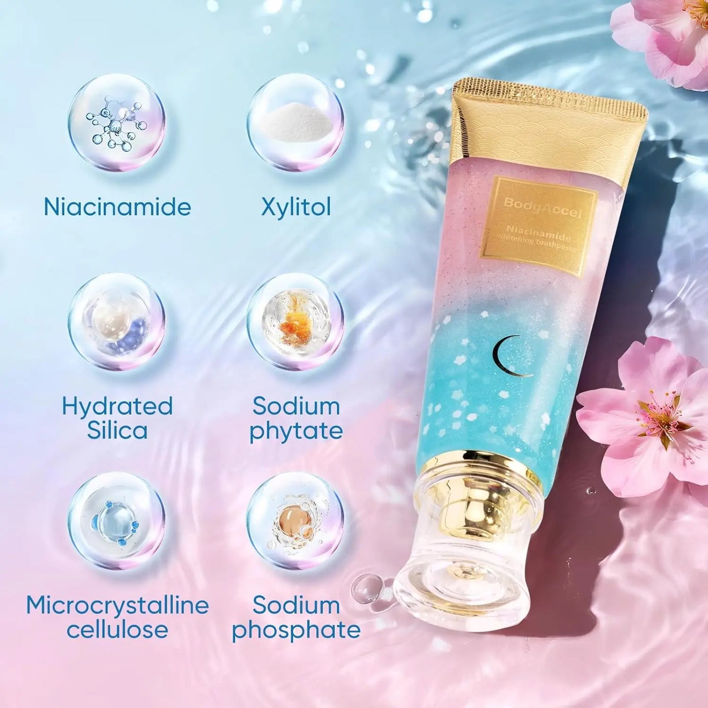 Dentifrice Blanchissant Niacinamide BodyAccel: Élimination Taches, Haleine Fraîche, Goût Pêche