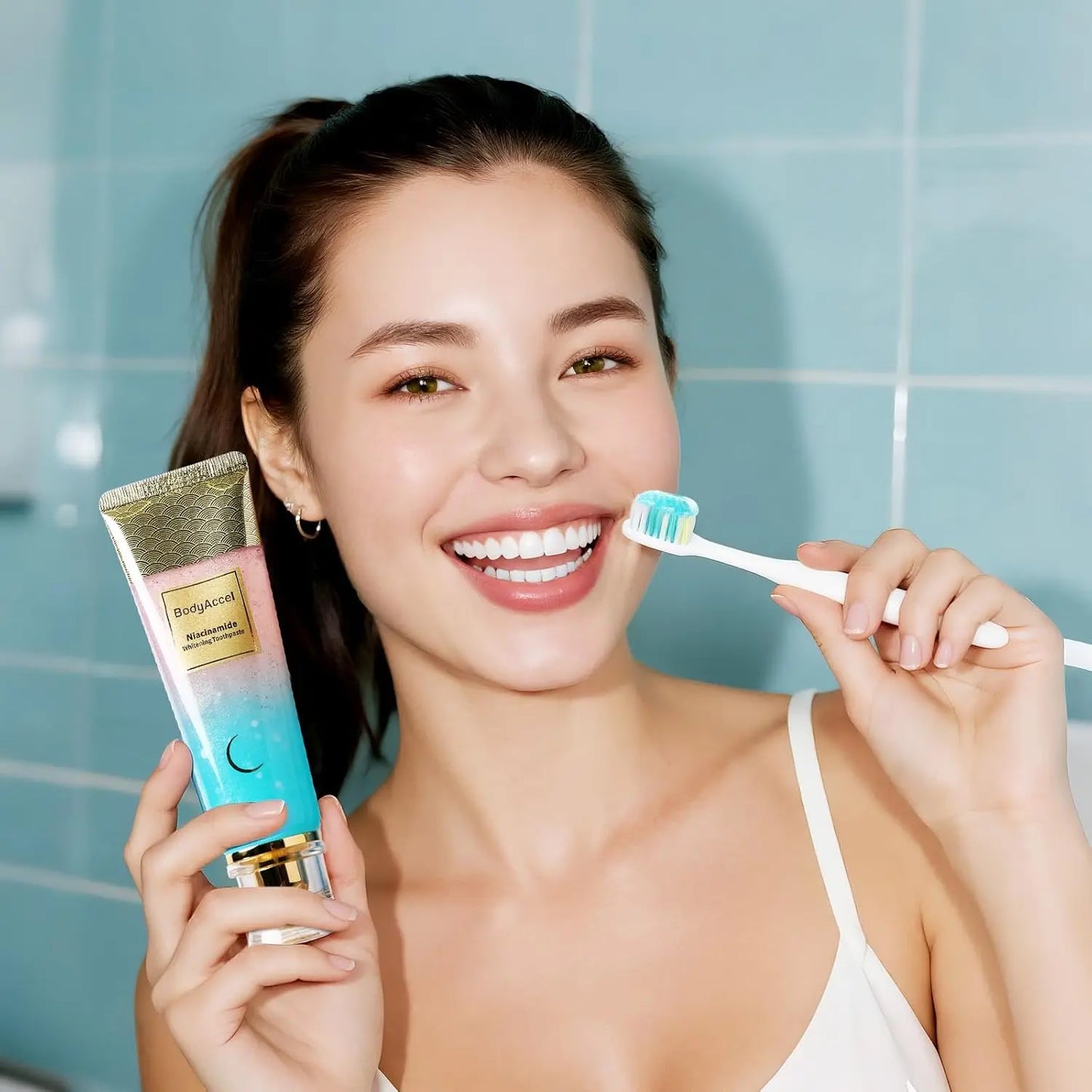 Dentifrice Blanchissant Niacinamide BodyAccel: Élimination Taches, Haleine Fraîche, Goût Pêche