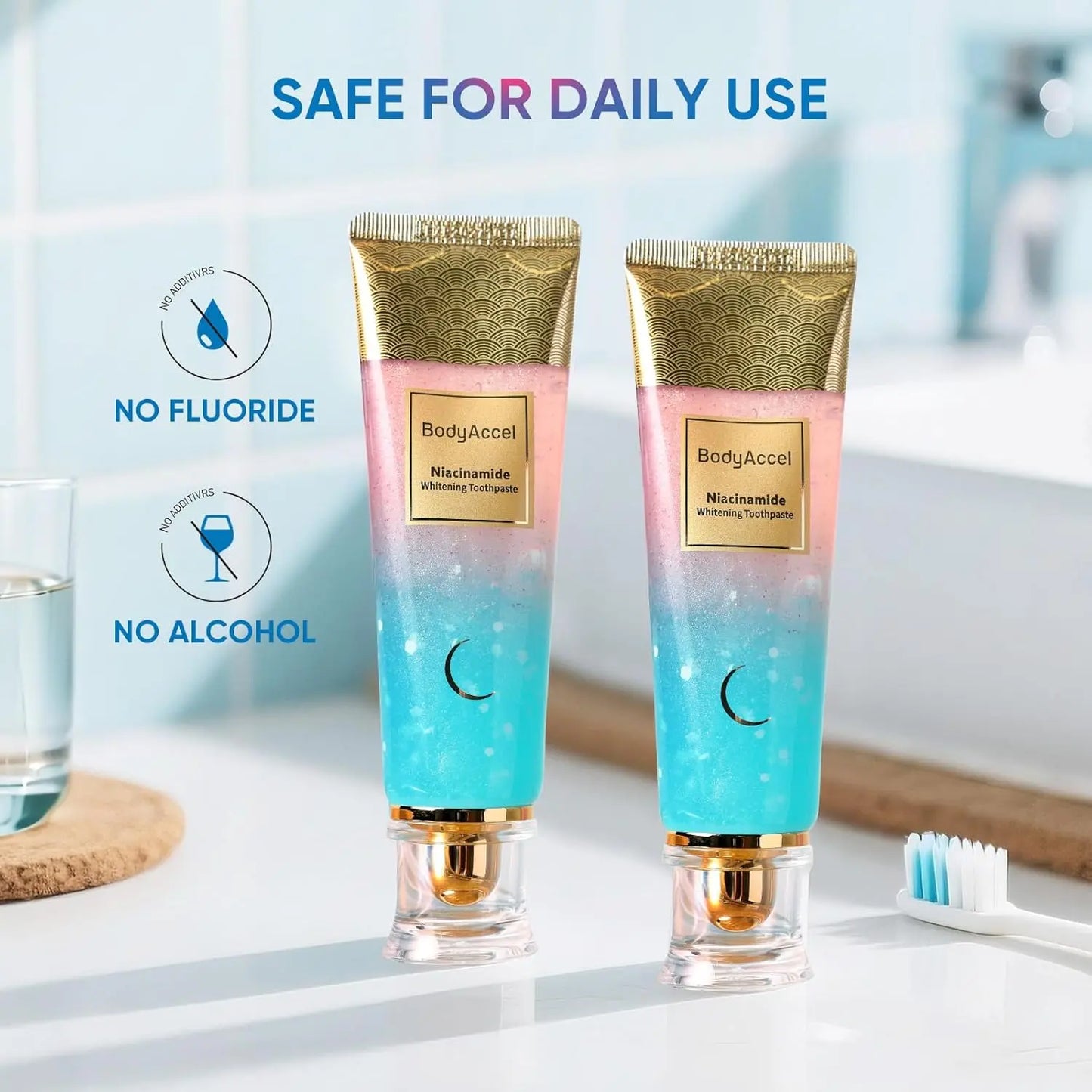 Dentifrice Blanchissant Niacinamide BodyAccel: Élimination Taches, Haleine Fraîche, Goût Pêche