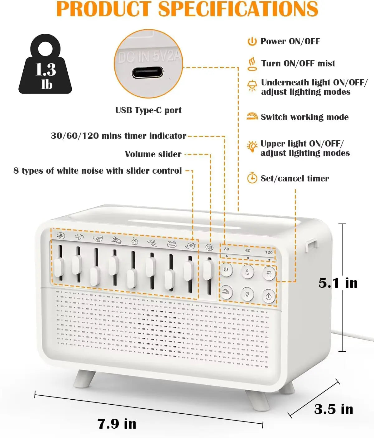 Haut-parleur LED Bluetooth avec Bruit Blanc, 8 Sons Naturels, Diffuseur d'Arômes, Veilleuse, Humidificateur et Aide au Sommeil Portable - Mireline