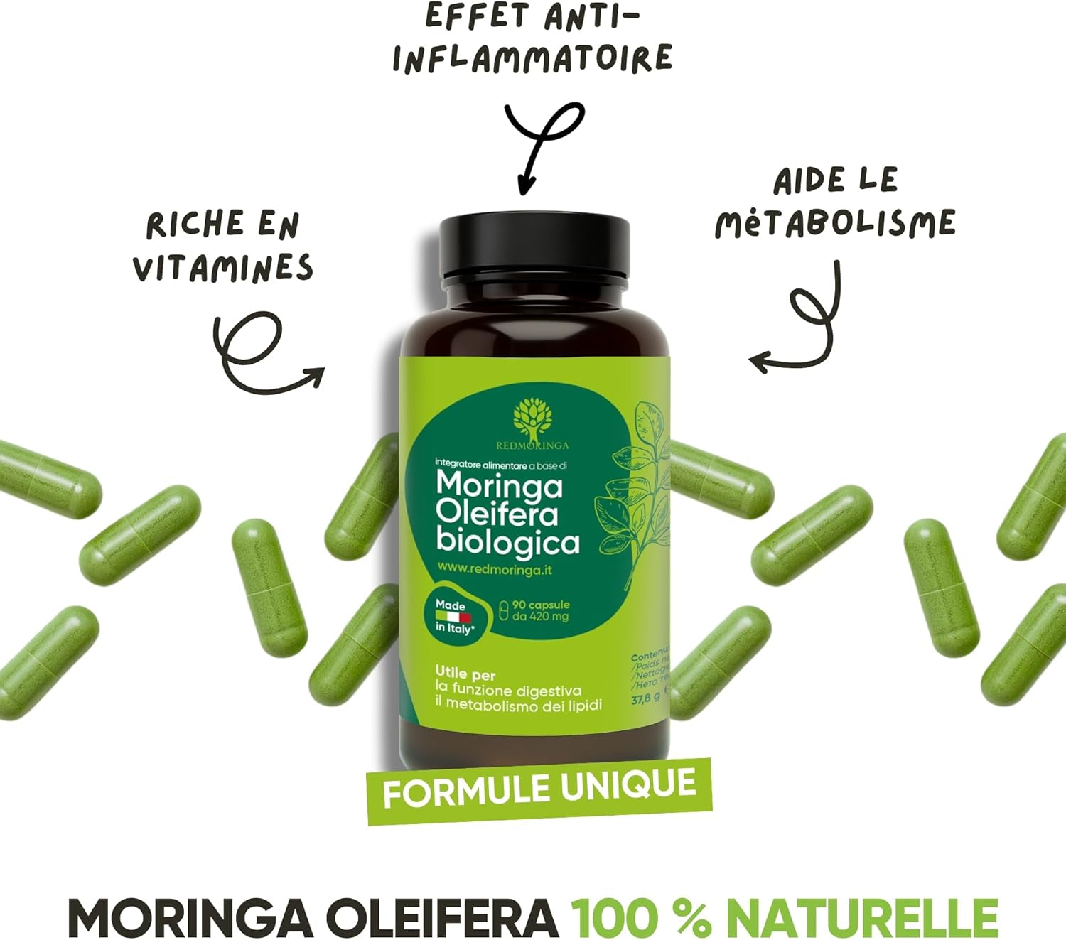 90 Gélules De Moringa Bio | La Seule Moringa Biologique Produite En Italie | Véganes Sans Additifs | Super Antioxydant Riche En Vitamines Et Protéines Végétales | Haute Qualité