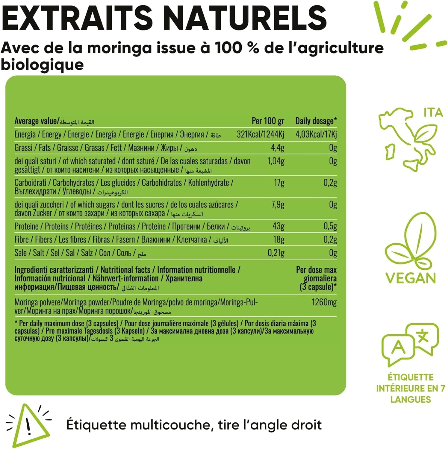 90 Gélules De Moringa Bio | La Seule Moringa Biologique Produite En Italie | Véganes Sans Additifs | Super Antioxydant Riche En Vitamines Et Protéines Végétales | Haute Qualité