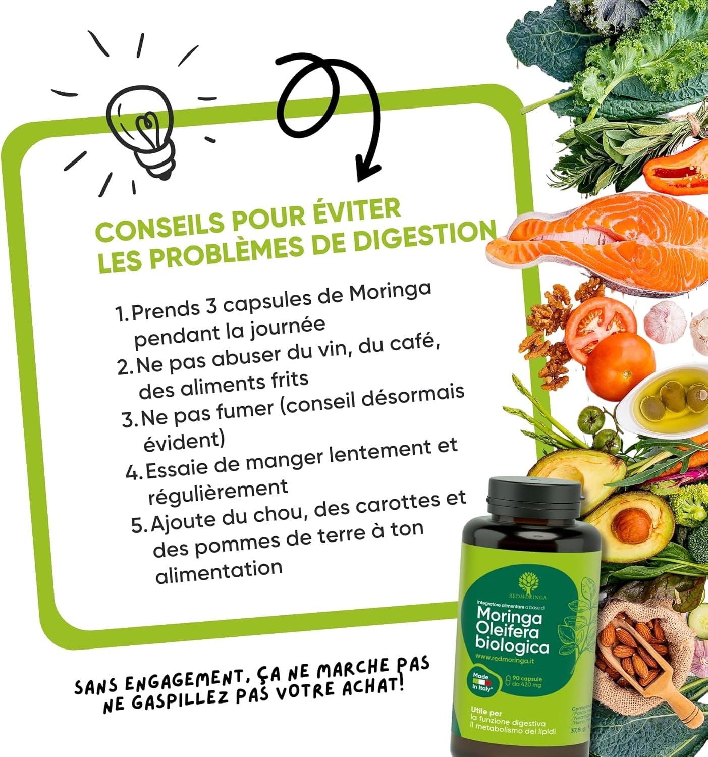 90 Gélules De Moringa Bio | La Seule Moringa Biologique Produite En Italie | Véganes Sans Additifs | Super Antioxydant Riche En Vitamines Et Protéines Végétales | Haute Qualité