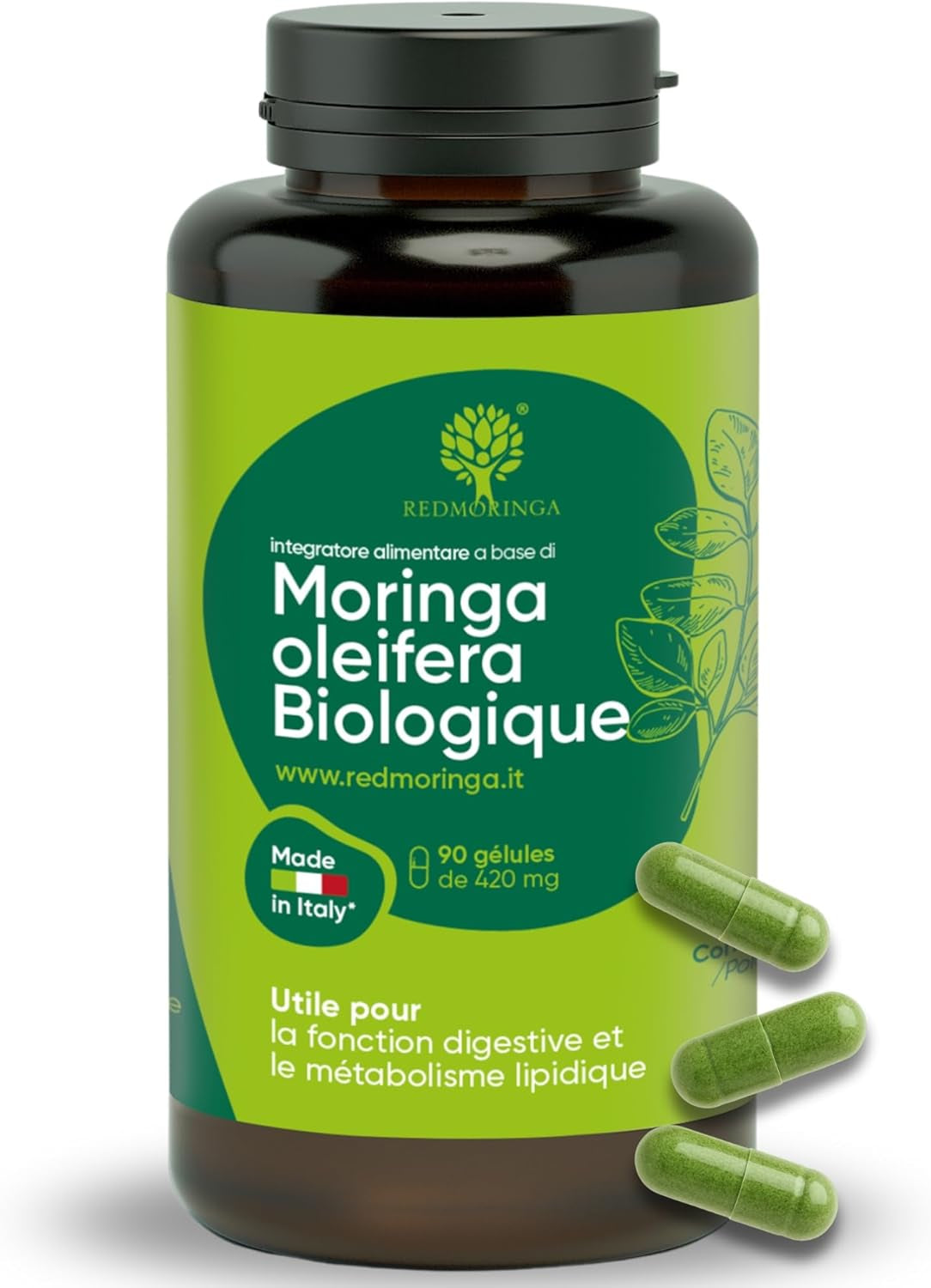 90 Gélules De Moringa Bio | La Seule Moringa Biologique Produite En Italie | Véganes Sans Additifs | Super Antioxydant Riche En Vitamines Et Protéines Végétales | Haute Qualité